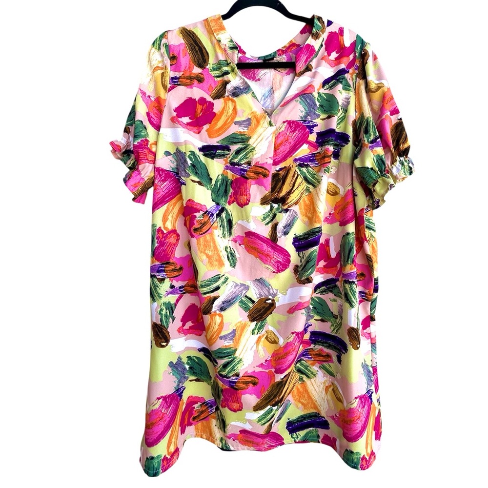 Colorful Floral Print Loose Fit Shift Dress Size 2X Tropical Beach Vacation
